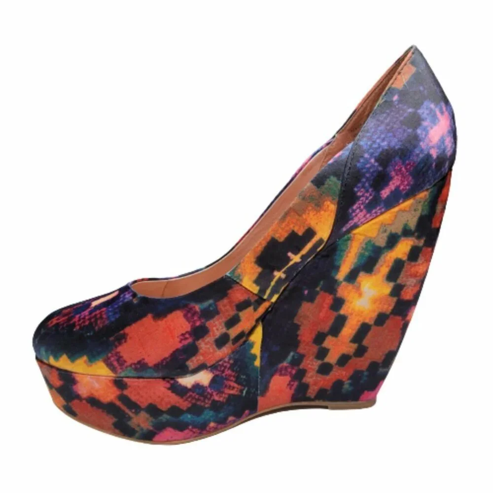 Aldo Hellendoorn Multi Color Tribal Aztec Platform Wedge Heel Shoes Size 6.5